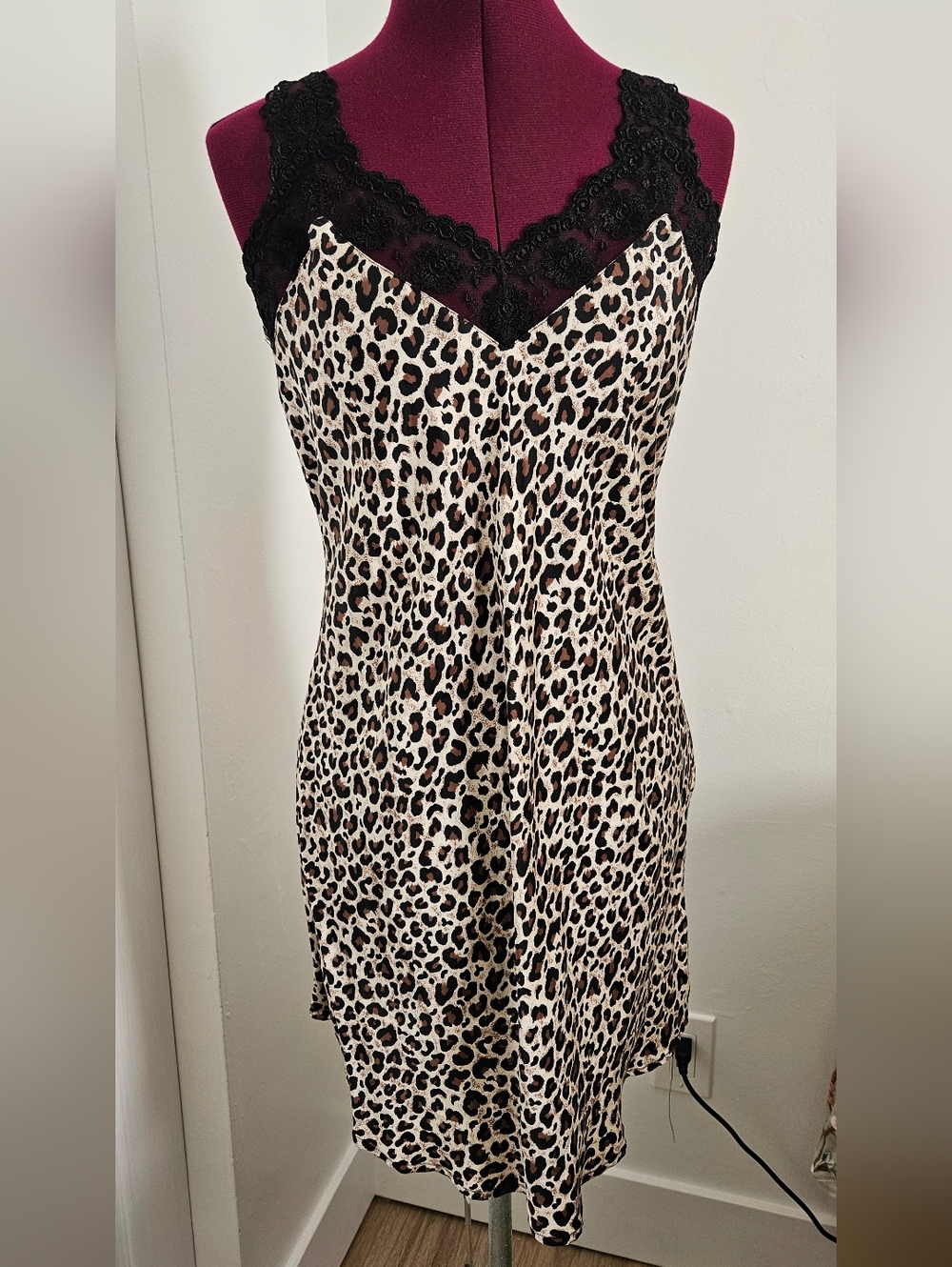 Vintage 100% Silk Leopard Print Lace-Trim Slip Dress Size L